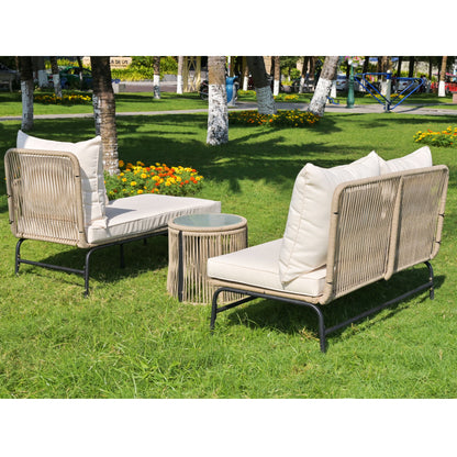 Gartenlounge-Set, Gartenmöbel-Set, Gartenlounge mit Eisengestell und beigem Seilbezug, Gartenmöbel aus gewebtem Seil für den Außenbereich, L-förmiges Gesprächsset mit Tisch, Beige