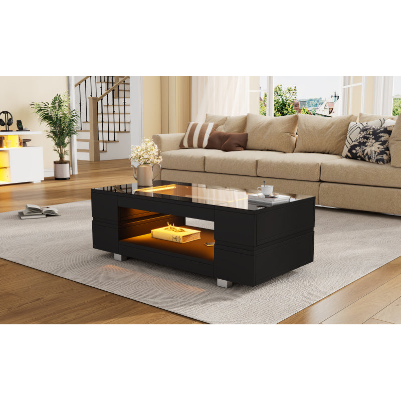 Schwarzer LED-Couchtisch mit Bluetooth-App-Steuerung, doppelschichtiger Hochglanz-Hohldesigntisch, geeignet für Partys, Büros, Wohnzimmer