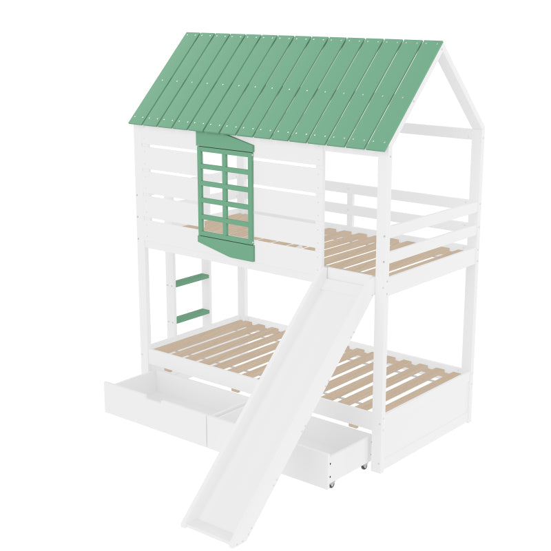 90X200 Haus-Etagenbett mit Rutsche und 2 Schubladen, Weiß+Grün