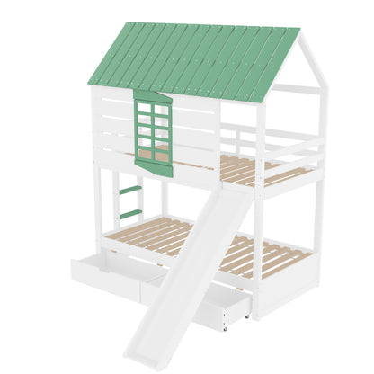 90X200 Haus-Etagenbett mit Rutsche und 2 Schubladen, Weiß+Grün