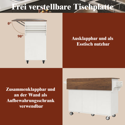 Küchenwagen mit diagonal gestreiften Schranktüren, herausnehmbarer Esswagen mit Handtuchhalter und Gewürzregal, verstellbare Trennwände, Küchenbuffet, Tischplatte mit Holzmaserung, weiß