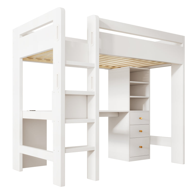 Kinderbett Hochbett mit L-förmigem Schreibtisch, Regalen und Schubladen mit USB/Type-C Ladebereich, Jugend-Einzelbett mit Leiter und Holzlattenrost, 90×200cm, Weiß, ohne Matratze.
