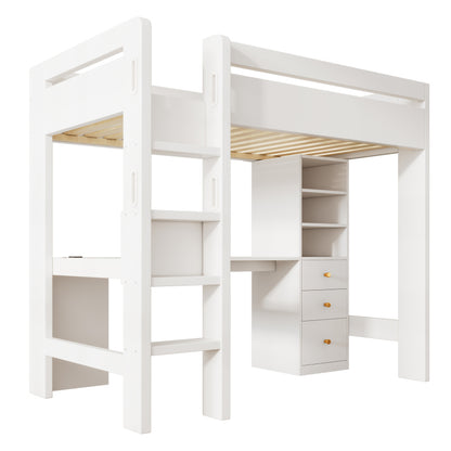 Kinderbett Hochbett mit L-förmigem Schreibtisch, Regalen und Schubladen mit USB/Type-C Ladebereich, Jugend-Einzelbett mit Leiter und Holzlattenrost, 90×200cm, Weiß, ohne Matratze.
