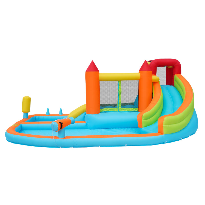 [Multifunktionale Outdoor-Hüpfburg] Mit Gebläse, Wasserrutsche + Trampolin + Basketballkorb + Wasserpistole, 2 Poolbereiche, 1 große und 1 kleine Rutsche, für trockene und nasse Nutzung, ein Wasserpar