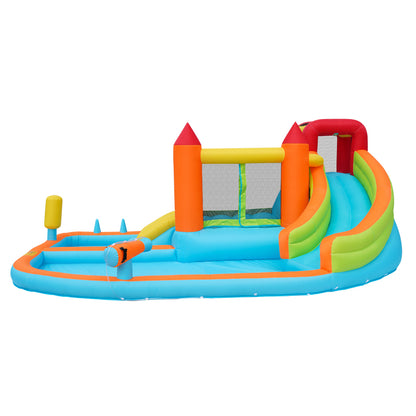 [Multifunktionale Outdoor-Hüpfburg] Mit Gebläse, Wasserrutsche + Trampolin + Basketballkorb + Wasserpistole, 2 Poolbereiche, 1 große und 1 kleine Rutsche, für trockene und nasse Nutzung, ein Wasserpar