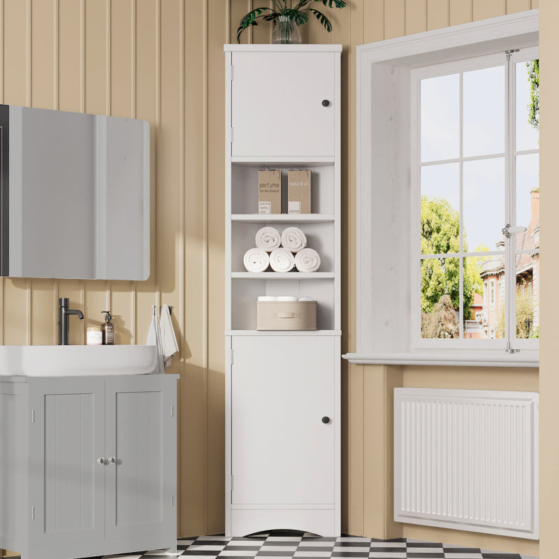 36.5 x 24.5 x 170cmDreieckiger Badezimmerschrank, feuchtigkeitsbeständiger Lack, drei offene Ablagefächer, Doppeltüren, verstellbare Einlegeböden, platzsparend, weiß