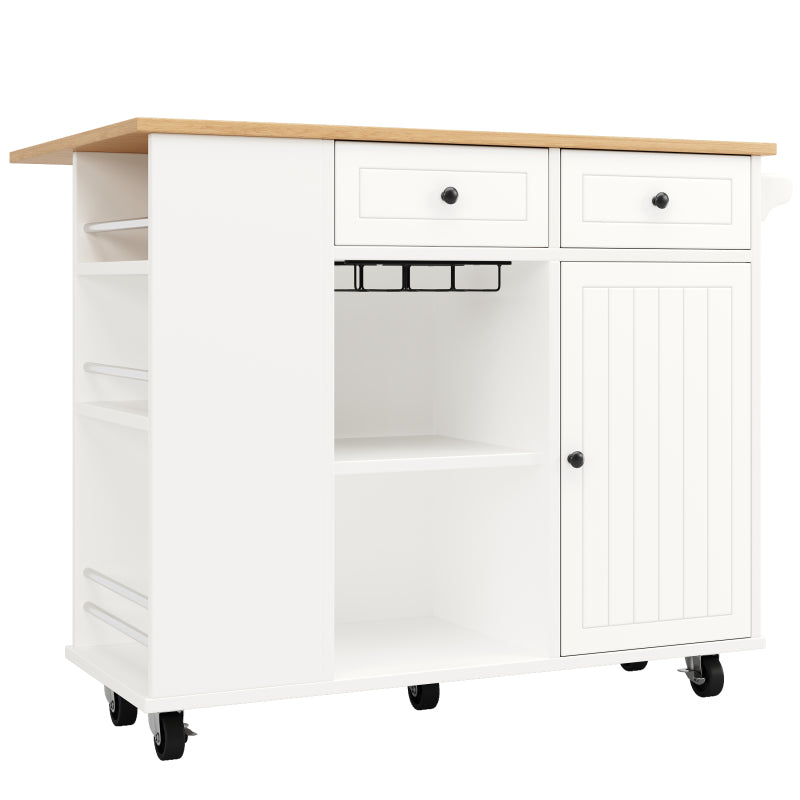 Kücheninsel mit herausnehmbaren Trennwänden, Küchenschrank, Esszimmerwagen mit Arbeitsplatte, Buffetschrank, Esszimmerwagen mit Holzmaserung, ausgestattet mit Snackhalter und Weinglasregal, weiß