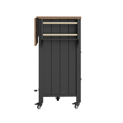 Kücheninsel mit herausnehmbaren Trennwänden, Speisewagen mit Arbeitsplatte, Buffetschrank, Speisewagen mit Glasvitrine in Holzmaserung, LED-Leuchten, seitlicher Handtuchhalter mit Rollen, Schwarz
