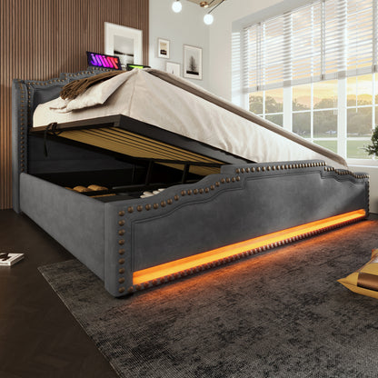Polsterbett 140x200, Doppelbett mit hydraulischem Stauraum, LED-Beleuchtung und USB-C-Ladeanschluss, Stauraumbett und Jugendbett mit Lattenrost, Samt, Grau, ohne Matratze