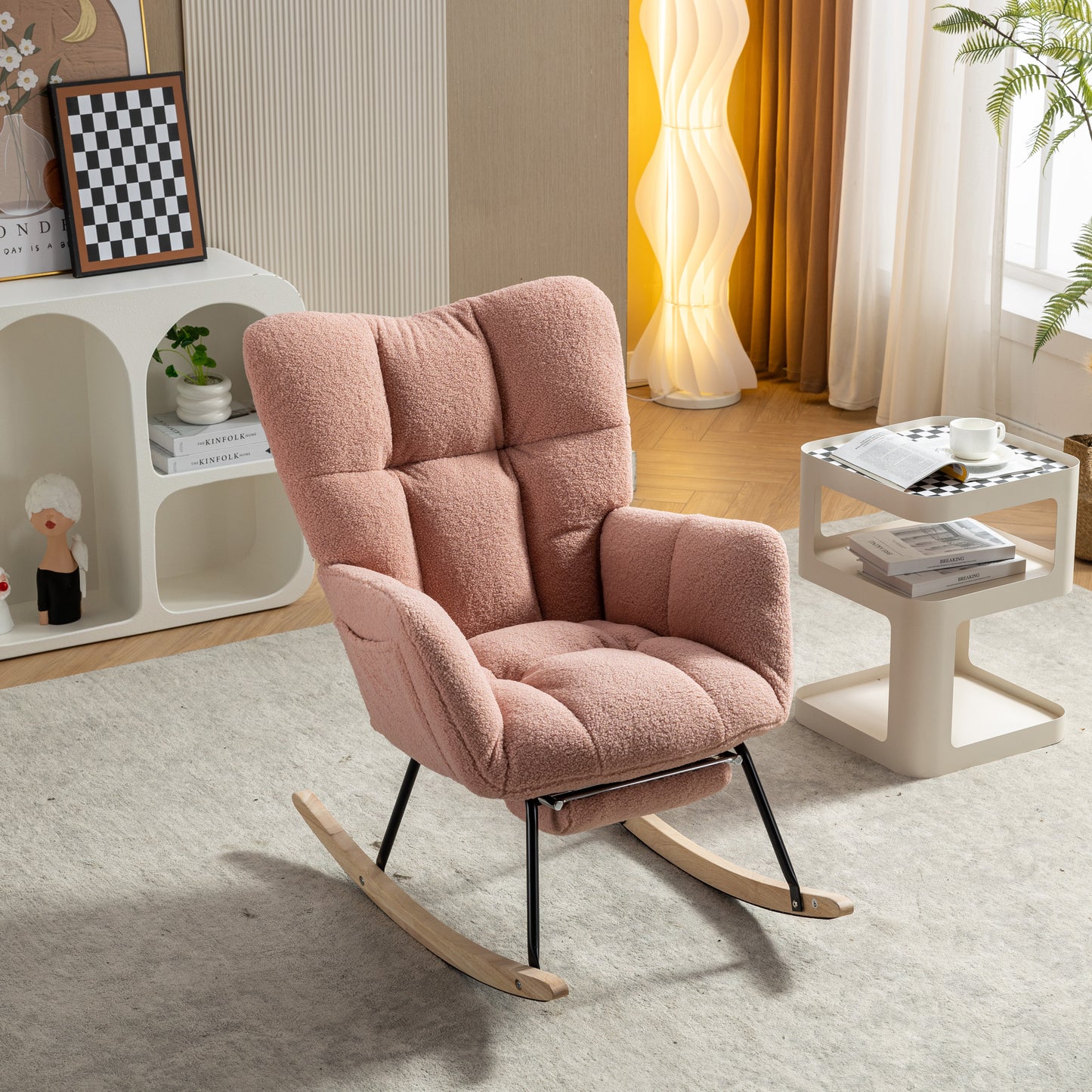 Neuer moderner Schaukelstuhl mit Polsterung und Teddystoff, mit ausziehbarer Fußstütze, Rosa