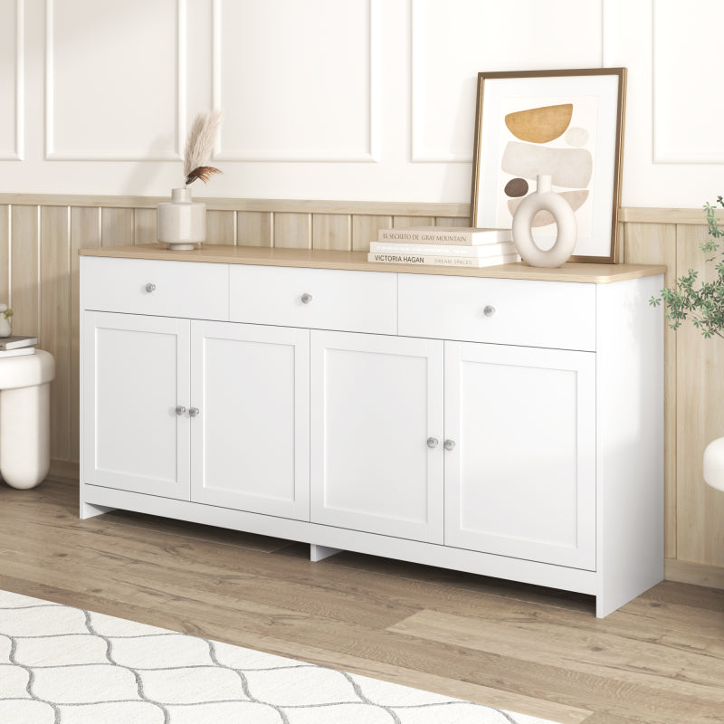 Sideboard mit weißer Holzmaserung, vier Türen, mit drei Schubladen, Wohnzimmer, Esszimmer. Holzfarbe und Weiß