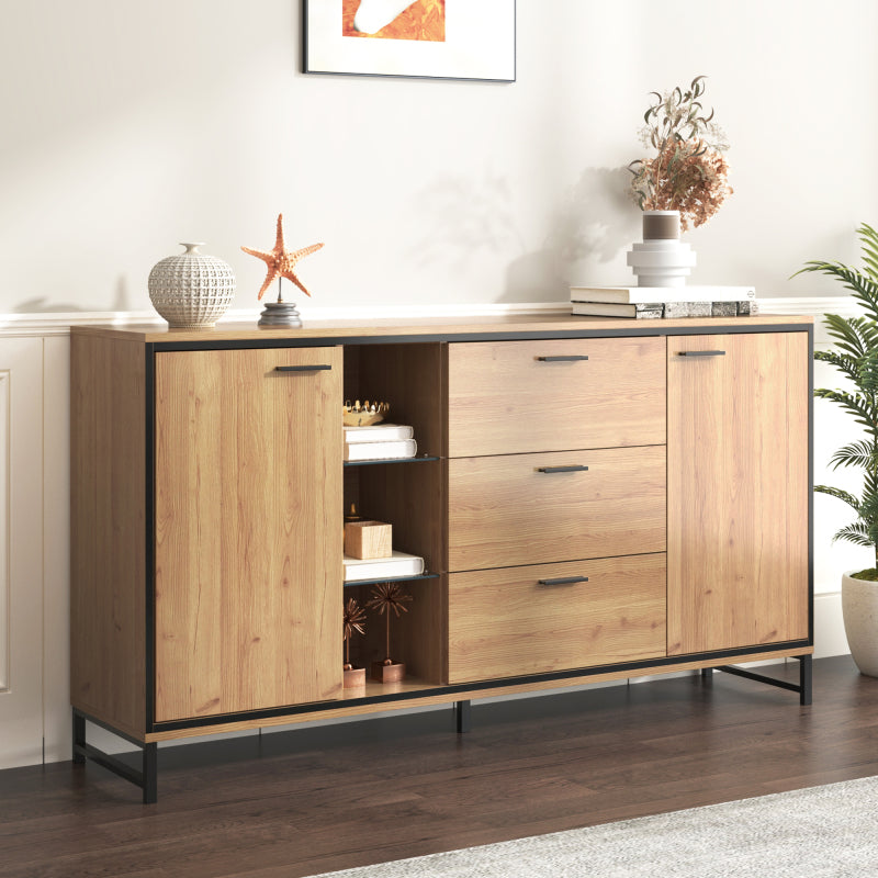 Sideboard mit drei Schubladen, exquisite Maserung. Modernes Sideboard in Holzfarbe mit Ablagefächern – stilvolle und funktionale Wohnmöbel. Schwarz und Holzfarbe.