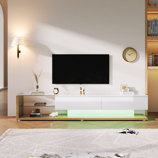 TV-Schränke, Lowboards, Kombination aus Hochglanzweiß und Holzfarben. Glastrennwände und variable LED-Beleuchtung. Es kombiniert natürlichen Landhausstil mit modernem Design.