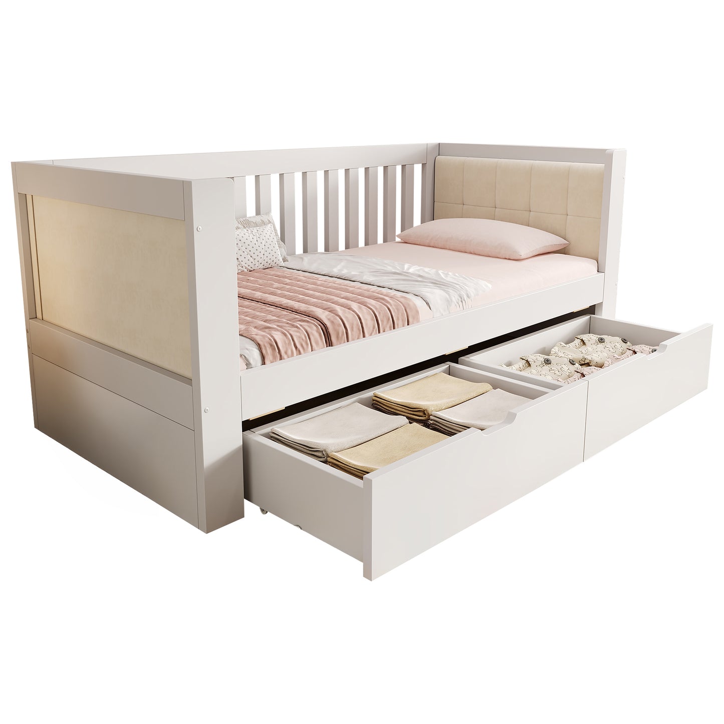 Schlafsofa 90x190 cm Weiß mit 2 Schubladen aus Holz Tagesbett mit abgerundeten Armlehnen und Rückenlehne für kleine Apartments Ohne Matratze