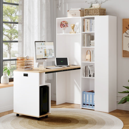 Klappbarer Schreibtisch mit Ablagen –2-in-1-Bücherregal und Schreibtisch, klappbar, mit Steckdose und USB-Anschluss, Kippschutz, weiß