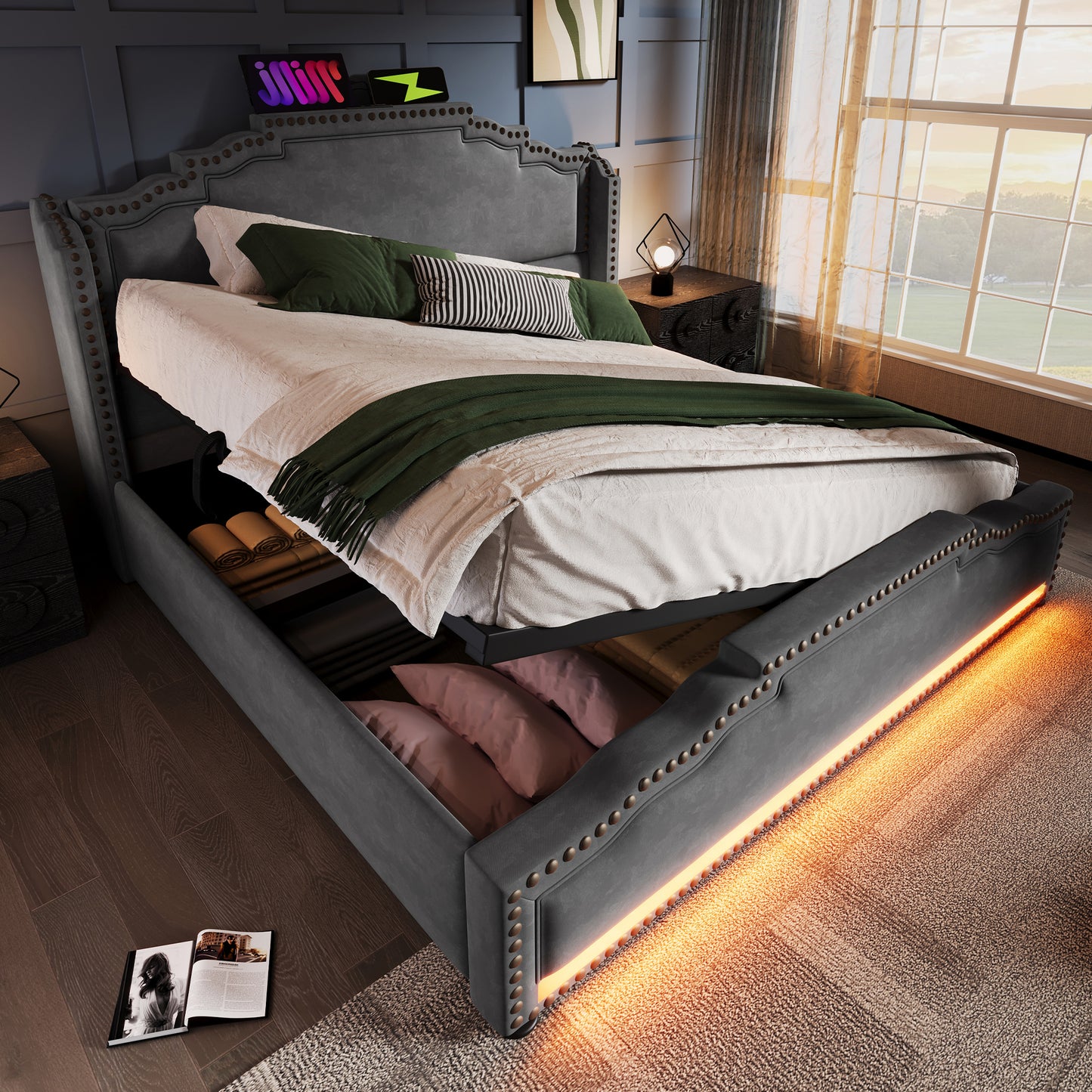 Polsterbett 140x200, Doppelbett mit hydraulischem Stauraum, LED-Beleuchtung und USB-C-Ladeanschluss, Stauraumbett und Jugendbett mit Lattenrost, Samt, Grau, Mit Matratze