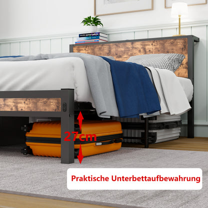 120x200 cm Metallgestell mit Stauraum-Kopfteil, Einzelnes Metall-Plattformbettgestell, Geräuschfrei, Metalluntergestell, Ohne Boxspring Notwendig, Vintage Braun