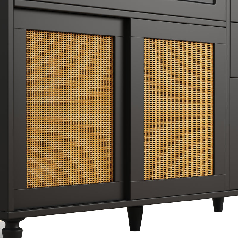 Küchenschrank, Esszimmerschrank mit 3 Schubladen,Sideboard mit LED-Beleuchtung, PE-rattan, schwarz