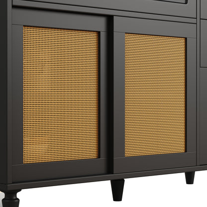 Küchenschrank, Esszimmerschrank mit 3 Schubladen,Sideboard mit LED-Beleuchtung, PE-rattan, schwarz