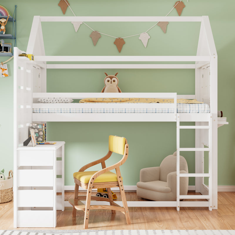 Etagenbett, Hausbett, Kinderbett mit Fallschutz und Gitter, mit Tisch, Offenes Regal, zwei Fenster, Reichlich Stauraum, Kiefer+MDF, Weiß, 90x200cm