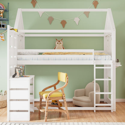 Etagenbett, Hausbett, Kinderbett mit Fallschutz und Gitter, mit Tisch, Offenes Regal, zwei Fenster, Reichlich Stauraum, Kiefer+MDF, Weiß, 90x200cm
