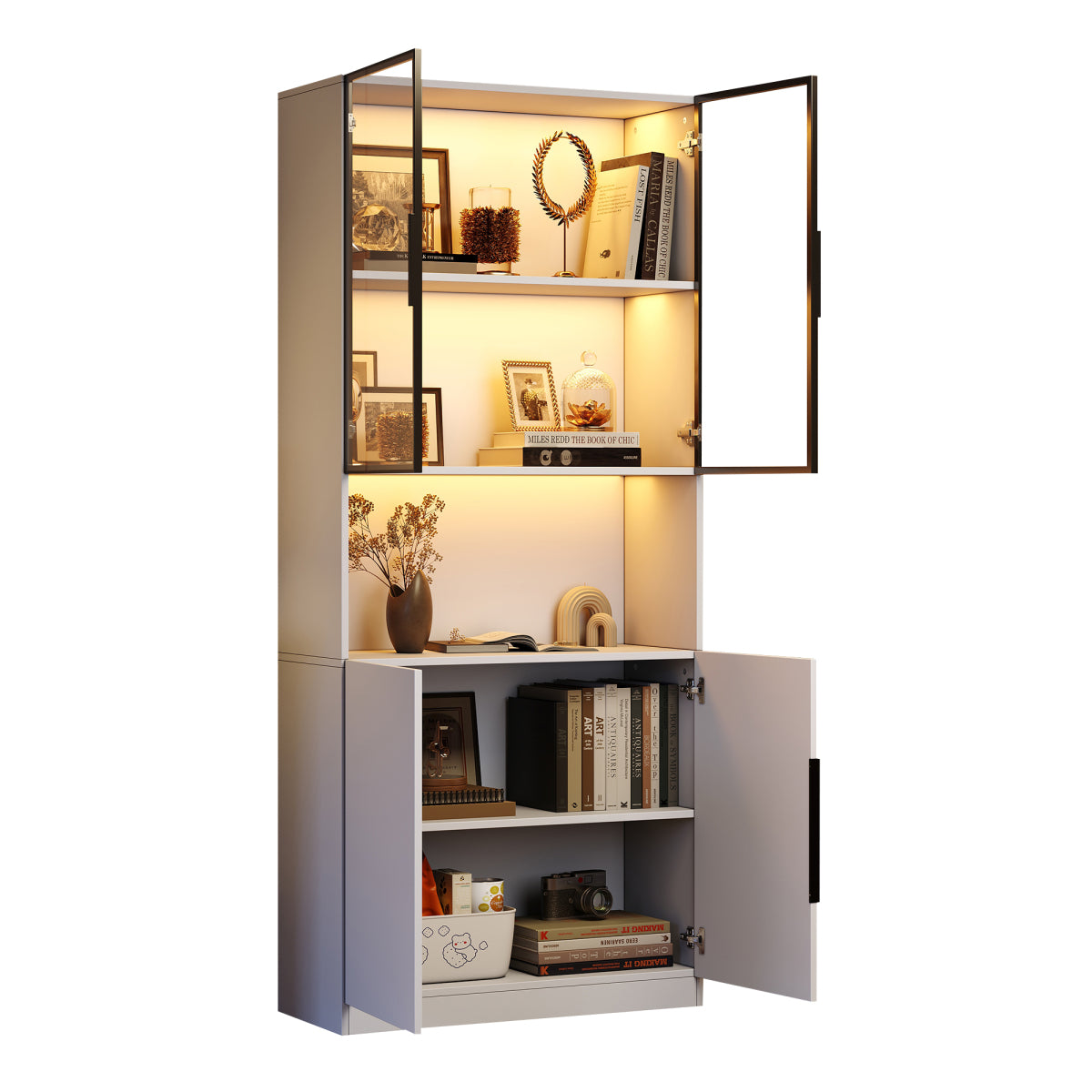 Moderne Vitrine Weiß 80x30x200cm - Glasschrank mit LED-Beleuchtung, Einstellbare Helligkeit & Farbtemperatur, Bücherregal für Sammlerstücke, weiß