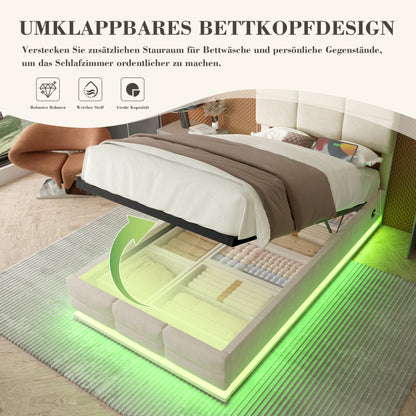90x200 cm Modernes Velours-Polsterbett mit höhenverstellbarem Kopfteil - Inkl. USB/Type-C-Anschlüssen, LED-Ambientebeleuchtung, hydraulischem Lift-System & XXL-Stauraum (ohne Matratze) - Beige