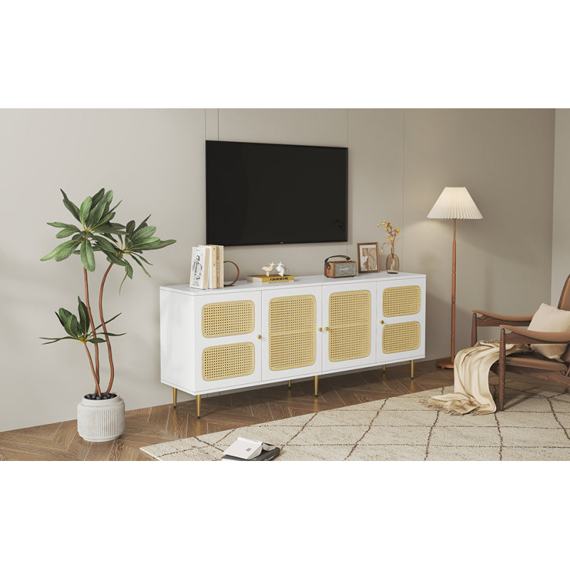 Eleganter Weißer Rattan-TV-Schrank 180x40x72 cm - Mit 4 Rattantüren, Höhenverstellbaren Regalen und Kabelmanagement, Für bis zu 80 Zoll Fernseher,TV-Schränke,Lowboards