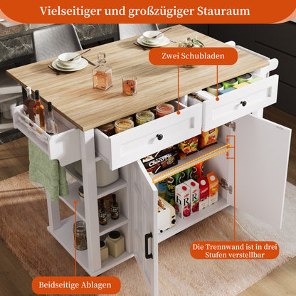 Kücheninsel mit herausnehmbaren Trennwänden, Speisewagen mit Arbeitsplatte, Buffetschrank, Speisewagen mit Holzmaserung, Handtuchhalter beidseitig mit Rollen, weiß
