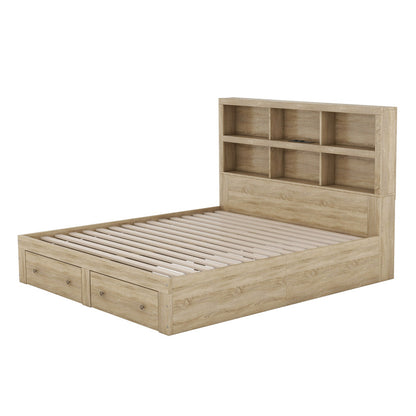 160*200 cm Doppelbett, Kingsize-Plattformbett mit zwei Schubladen am Fußende des Bettes, Kopfteil mit Stauraum, Natur
