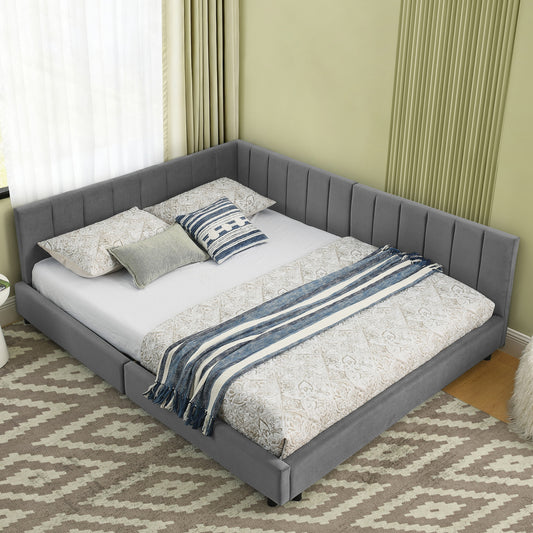 Doppelbett 140×200 cm aus Samt mit hoher Rückenlehne, stabiles Bettgestell aus Holz & Metall, ideal für Schlafzimmer & Gästezimmer, Gray (ohne Matratze)