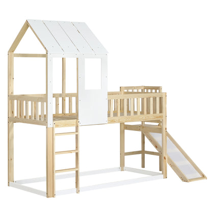 Etagenbett mit rechtwinkliger Leiter und Rutsche, Hausbett mit Dach und Fenster, Kinderbett mit Fallschutz und Gitter, Rahmen aus Kiefer, Natur+Weiß (90x200cm)