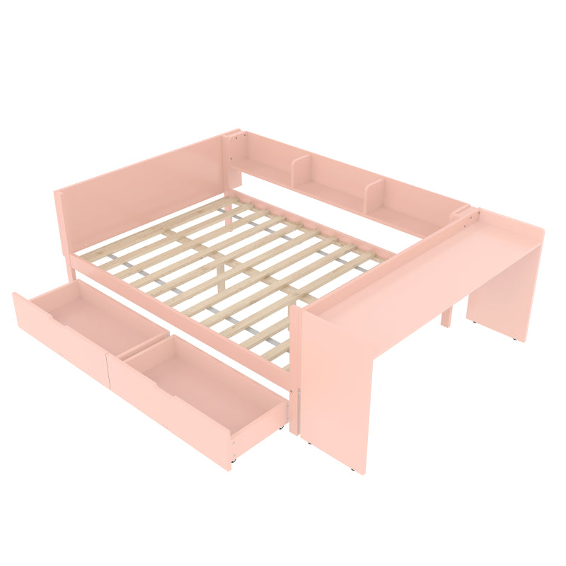 Flachbett, Holzbett, 140x200cm, mit Schreibtisch, ausgestattet mit 2 Schubladen, Doppelbett(Ohne Matratze), mit Regalen, Kiefer + Spanplatte, Rosa
