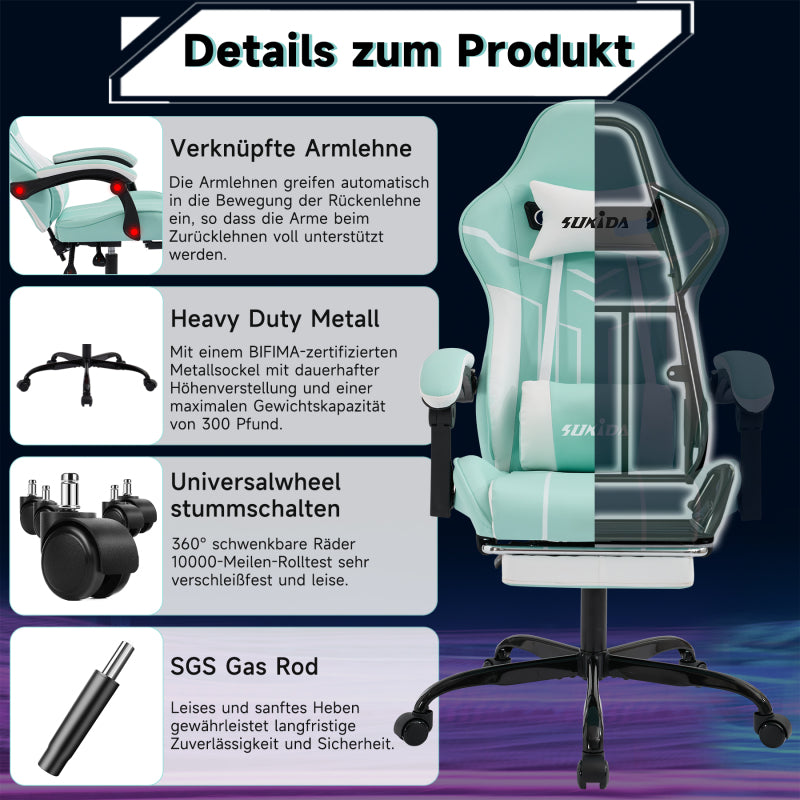 Gaming Stuhl Computerstuhl Ergonomischer Gaming Chair mit Fußstütze Bürostuhl Ergonomischer Computerstuhl mit Lendenwirbelstütze, Mintgrün