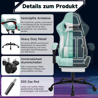 Gaming Stuhl Computerstuhl Ergonomischer Gaming Chair mit Fußstütze Bürostuhl Ergonomischer Computerstuhl mit Lendenwirbelstütze, Mintgrün
