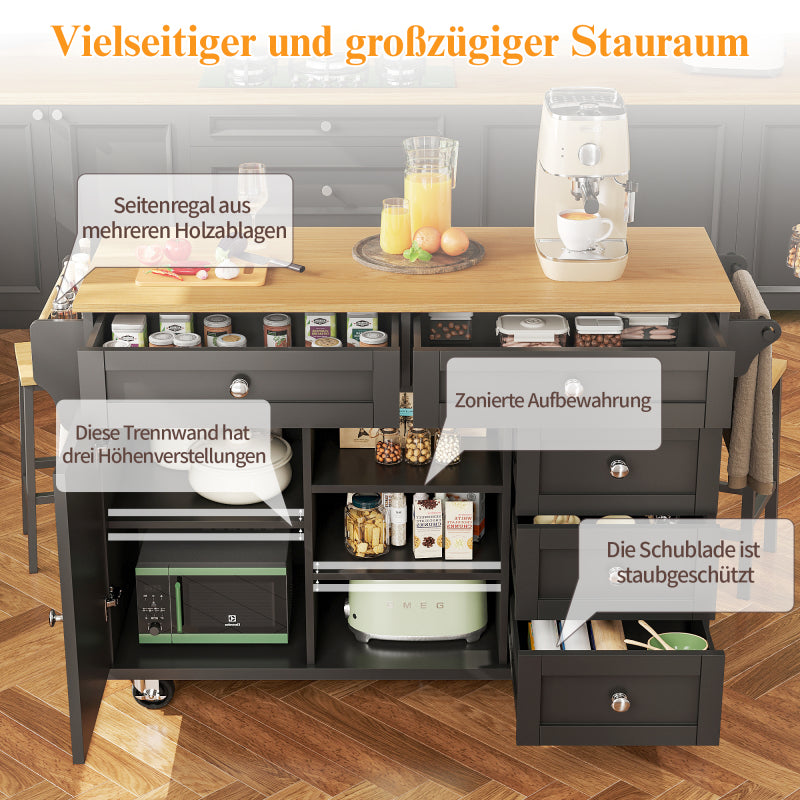Speisewagen (134 x 46 x 92 cm), moderner und einfacher schwarzer Speisewagen, Schubladen-Aufbewahrungsschrank-Kombination, mobiles und festes Dual-Use-Design, geeignet für Heimküchen