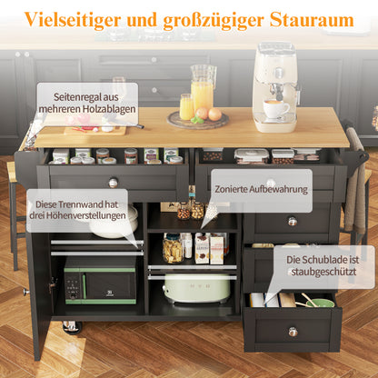 Speisewagen (134 x 46 x 92 cm), moderner und einfacher schwarzer Speisewagen, Schubladen-Aufbewahrungsschrank-Kombination, mobiles und festes Dual-Use-Design, geeignet für Heimküchen