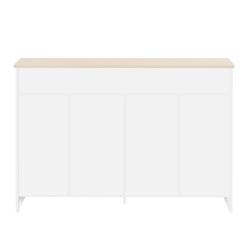 Sideboard mit weißer Holzmaserung, vier Türen, mit zwei Schubladen, Tür mit Glas. Wohnzimmer, Esszimmer. Holzfarbe und Weiß