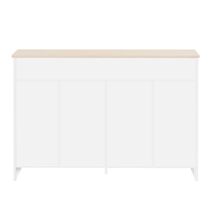 Sideboard mit weißer Holzmaserung, vier Türen, mit zwei Schubladen, Tür mit Glas. Wohnzimmer, Esszimmer. Holzfarbe und Weiß