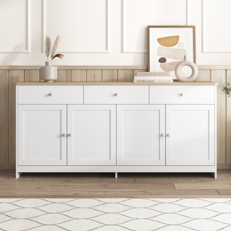 Sideboard mit weißer Holzmaserung, vier Türen, mit drei Schubladen, Wohnzimmer, Esszimmer. Holzfarbe und Weiß