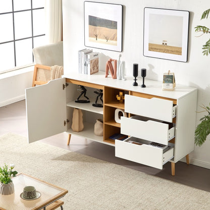 Modernes weißes Sideboard mit Einlegeböden, 3 Schubladen und offenem Stauraum, mit Kippschutz-Design – geeignet für Küche, Esszimmer und Wohnzimmer