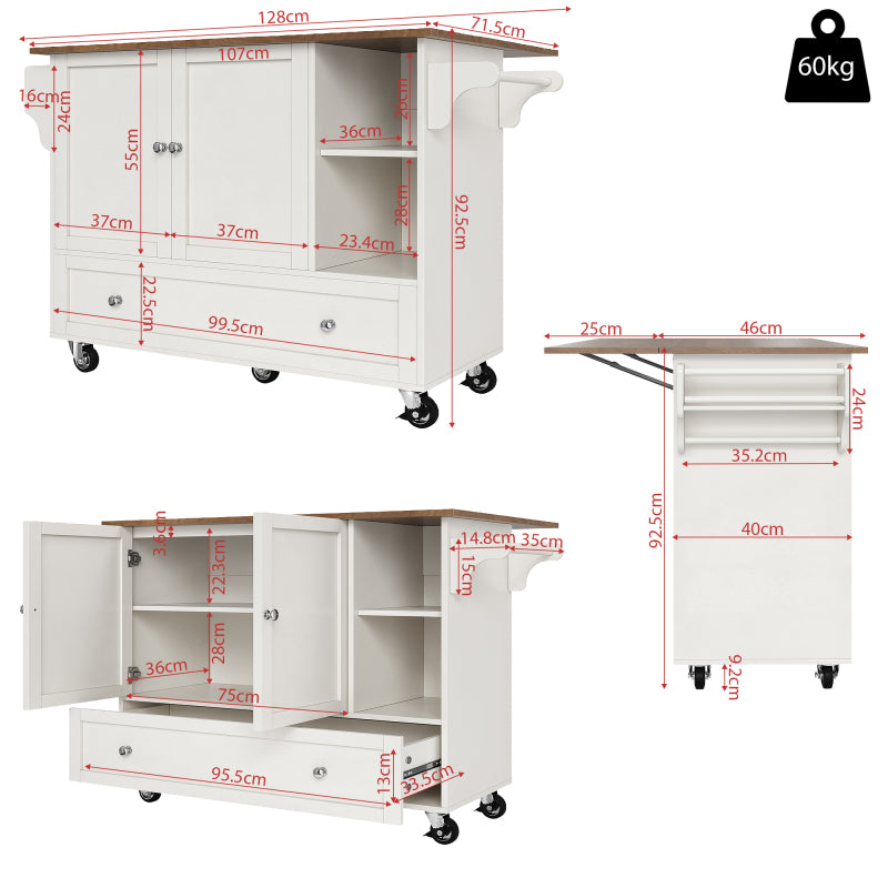 Küchenwagen, herausnehmbarer Esswagen mit offenen Ablagefächern, Handtuchhalter und Gewürzregal, verstellbare Trennwände, Küchenbuffet, Tischplatte mit Holzmaserung, weiß