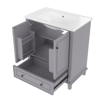 76x46x87cm Bodenstehender Badezimmerschrank mit Waschbeck, Waschtisch,Beine aus Massivholz, MDF-Material, feuchtigkeits- und wasserdicht, großer Stauraum, integriertes Keramikwaschbecken, Grau