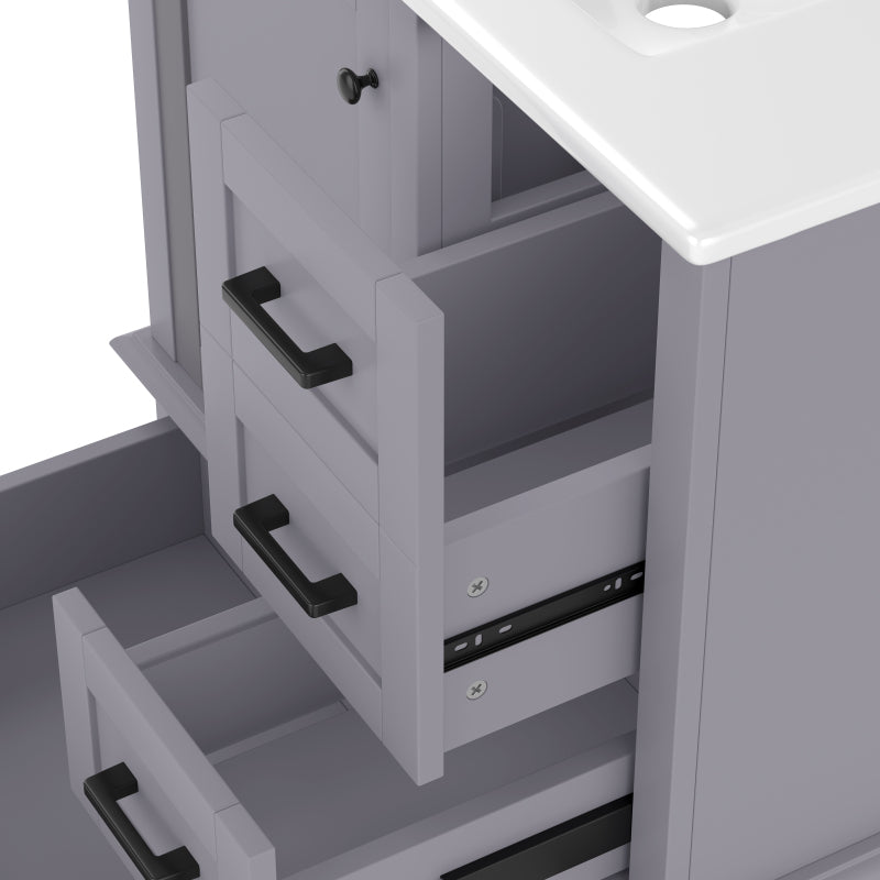 Bodenstehender Badezimmerschrank mit Waschbecken, Waschtisch, komplett lackiert, Türregal, drei geräuschlose Schubladen, integriertes Keramikwaschbecken, Grau