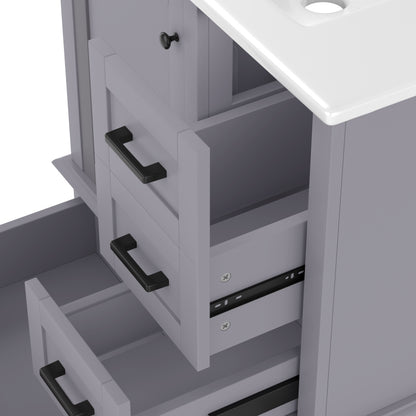 Bodenstehender Badezimmerschrank mit Waschbecken, Waschtisch, komplett lackiert, Türregal, drei geräuschlose Schubladen, integriertes Keramikwaschbecken, Grau