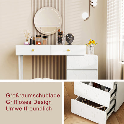 Schminktisch, 5 Schubladen, ohne Spiegel und Hocker, Schrank und Beine links und rechts austauschbar, 90x 40 x 73.5 cm, Wellenmuster, minimalistischer Stil, Kommode, weiß