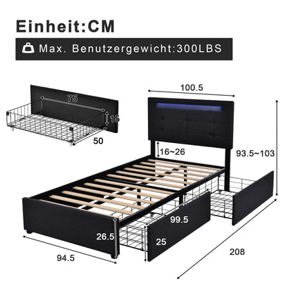 Polsterbett 90x200 cm Schwarz mit LED & 2 Schubladen - Einzelbett inkl. Lattenrost, Verstellbares Kopfteil & Stauraum (Ohne Matratze)