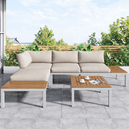 Garten-Loungesessel-Set, Gestell aus verzinktem Stahl, (2x Zweisitzer, 2x Beistelltische, 1x Tisch), Akazienholzplatte, Stoffbezug zur Bespannung der Rückenlehne, beige(previous sku:HW00005AAW)