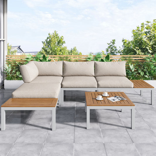 Garten-Loungesessel-Set, Gestell aus verzinktem Stahl, (2x Zweisitzer, 2x Beistelltische, 1x Tisch), Akazienholzplatte, Stoffbezug zur Bespannung der Rückenlehne, beige(previous sku:HW00005AAW)