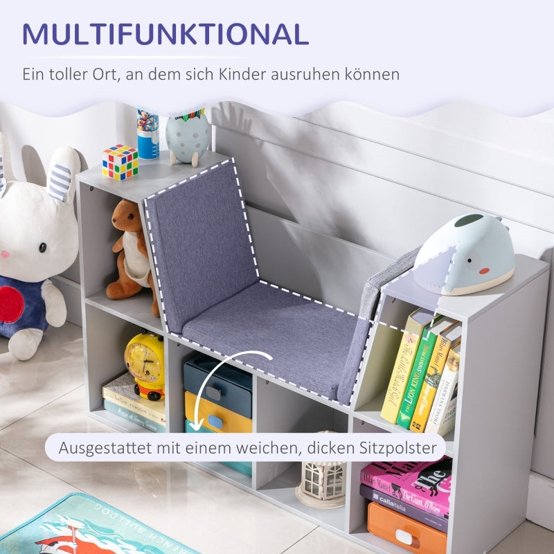Kinderregal Bücherregal mit Sitzhocker Kindersitzbank mit 6 Fächern Sitztruhe mit 3 Kissen Spielzeugkiste ab 3 Jahren Grau